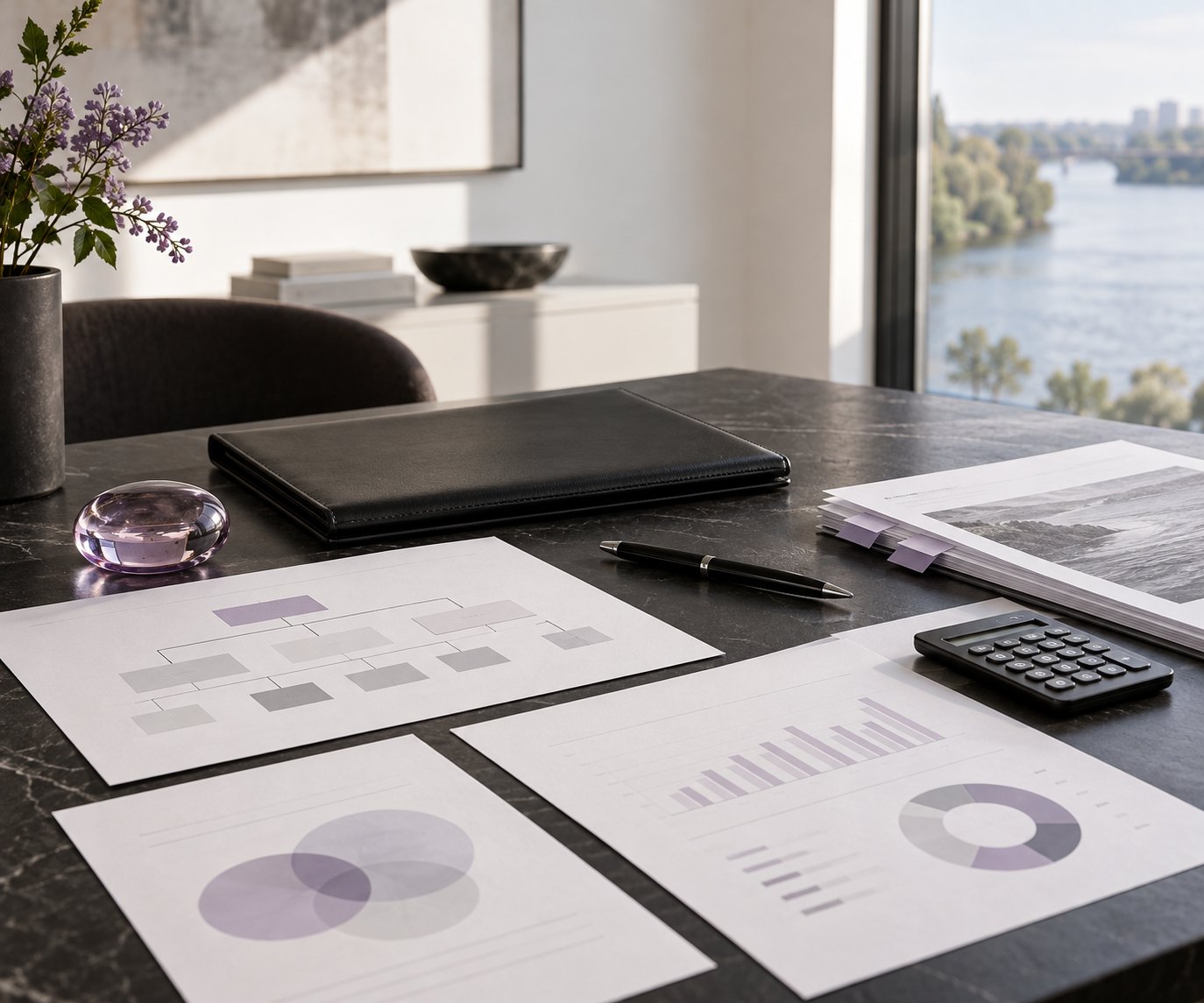 Strategy documents and charts on a consulting desk